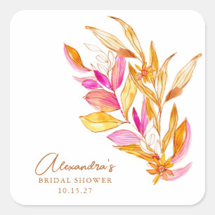 Boho Watercolor Botanical Pink Gold Bridal Shower Square Sticker