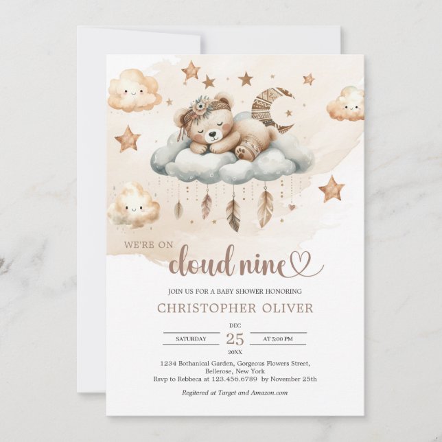 Boho watercolor brown ivory beige cloud nine invitation (Front)
