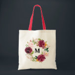 Boho Watercolor Burgundy Floral Wreath Monogram Tote Bag<br><div class="desc">Whimsical and boho-inspired monogram tote bag featuring watercolor floral wreath of burgundy,  blush pink,  orange flowers with copper foil accents. Personalise by adding your own initials. This autumn floral wreath monogram tote bag will be perfect as a personalised gift.</div>