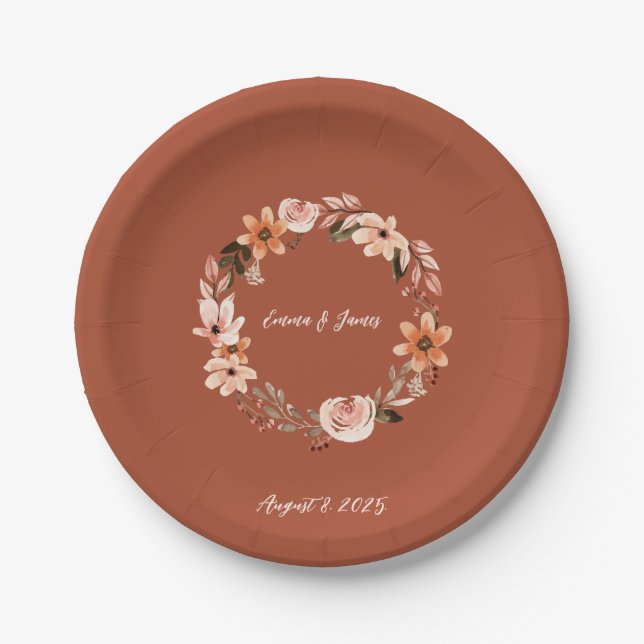 Boho Watercolor Burnt Orange Personalised  Paper Plate (Front)