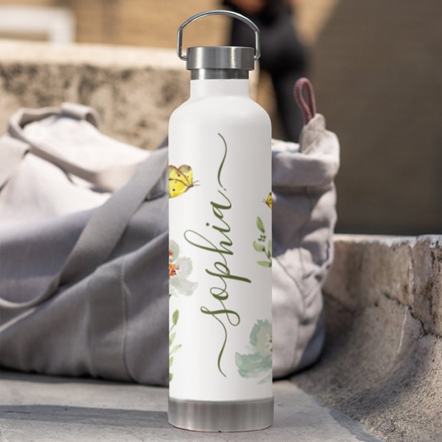 Boho Watercolor butterfly garden Personalised  Water Bottle (Butterfly watercolor personalized white water bottle.)