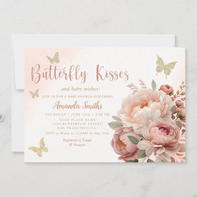 Boho Watercolor Butterfly Kisses Girl Baby Shower Invitation (Front)