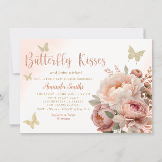 Boho Watercolor Butterfly Kisses Girl Baby Shower Invitation