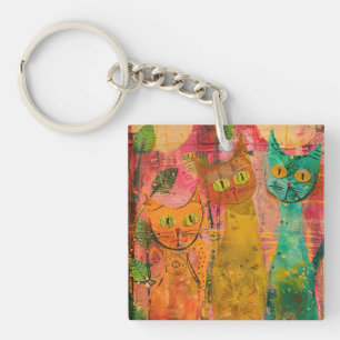 Boho Watercolor Cats – Earthy Feline Art (2) Key Ring