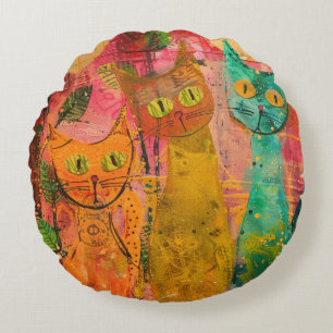 Boho Watercolor Cats – Earthy Feline Art (2) Round Cushion
