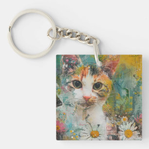 Boho Watercolor Cats – Earthy Feline Art (3) Key Ring