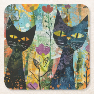 Boho Watercolor Cats – Earthy Feline Art (4) Square Paper Coaster
