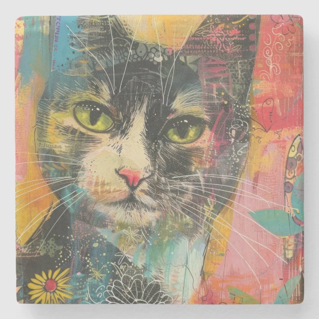 Boho Watercolor Cats – Earthy Feline Art (6) Stone Coaster (Front)