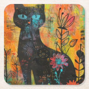 Boho Watercolor Cats – Earthy Feline Art (9) Square Paper Coaster