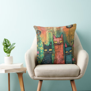 Boho Watercolor Cats – Earthy Feline Art Cushion
