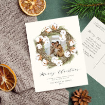 Boho Watercolor Christmas Cotton Wreath One Photo 