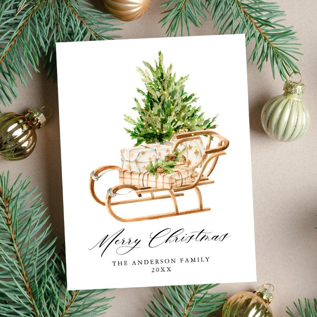 Boho Watercolor Christmas Sleigh Non-Photo Holiday Postcard (Creator Uploaded)