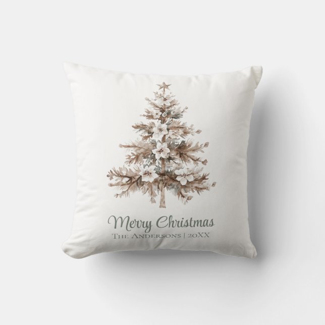 Boho Watercolor Christmas Tree Family Name Cushion (Front)