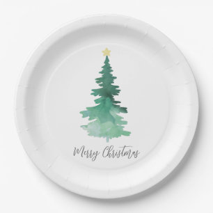 Boho Watercolor Christmas Tree Merry Christmas Paper Plate