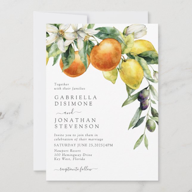 Boho Watercolor Citrus Botanical Wedding Invitation (Front)