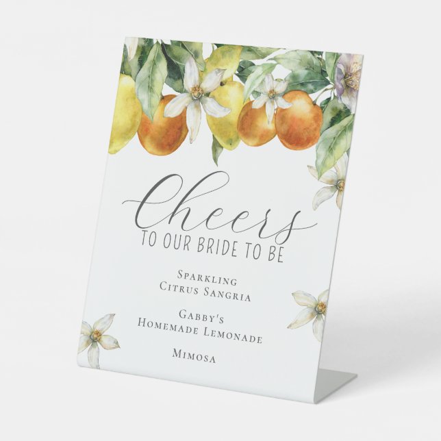 Boho Watercolor Citrus Bridal Shower Bar Menu Pedestal Sign (Front)