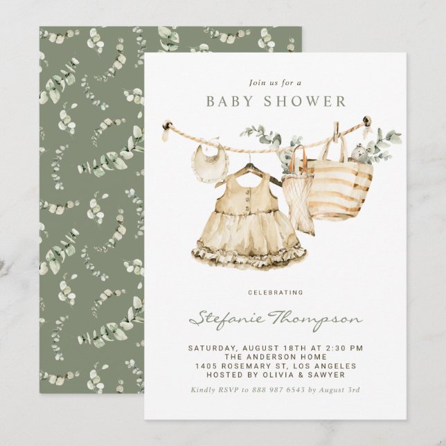 Boho Watercolor Clothesline Baby Shower invite (Front/Back)