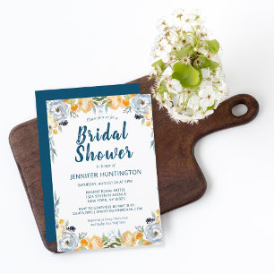 Boho Watercolor Coral Blue Floral Bridal Shower In Invitation