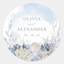 Boho Watercolor Coral Seashell Beach Blue Wedding