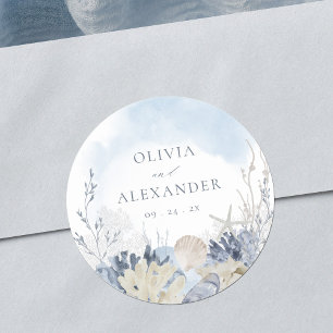 Boho Watercolor Coral Seashell Beach Blue Wedding Classic Round Sticker