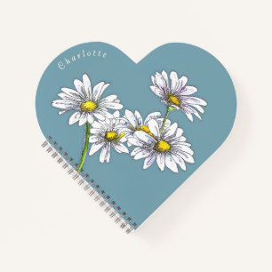 Boho Watercolor Daisy Teal Heart Christmas Gift Notebook