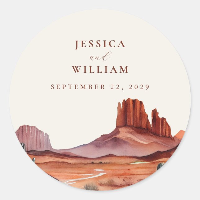 Boho Watercolor Desert Wedding Classic Round Sticker (Front)