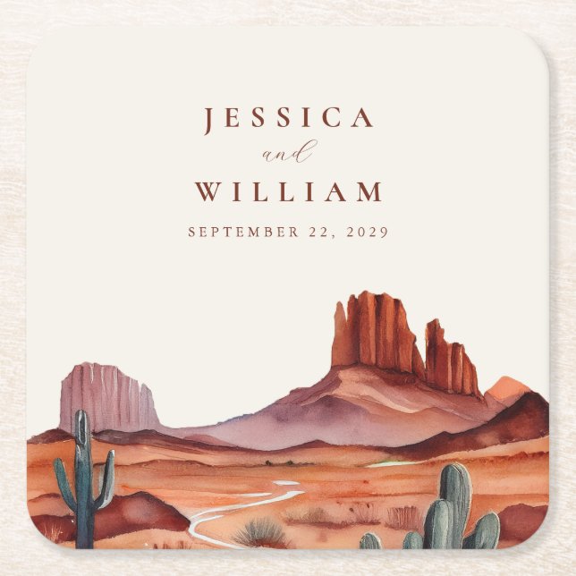Boho Watercolor Desert Wedding Square Paper Coaster (Front)