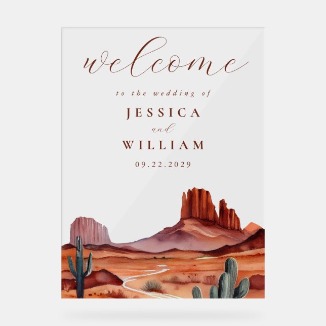 Boho Watercolor Desert Wedding Welcome Acrylic Sign (Front)