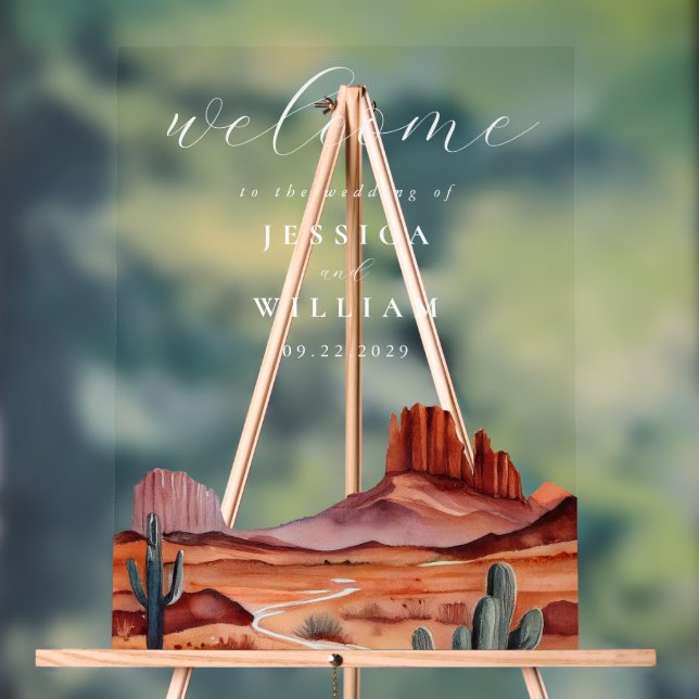 Boho Watercolor Desert Wedding Welcome Acrylic Sign (Neutral)