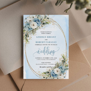 Boho Watercolor Dusty Blue Floral Gold Wedding  Invitation