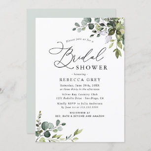 Boho Watercolor Dusty Blue Greenery Bridal Shower Invitation
