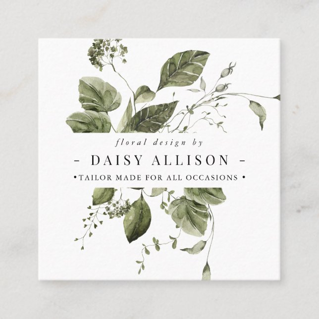 Boho Watercolor Elegant Greenery Square Business Card (Front)