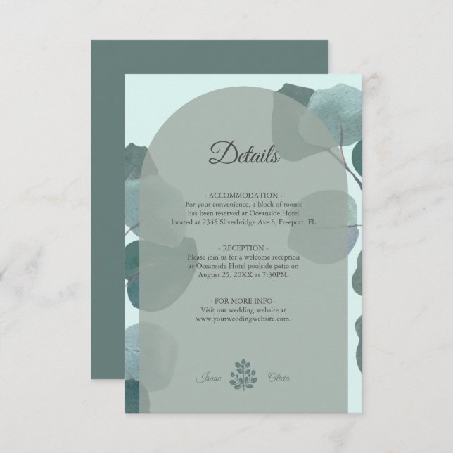 Boho Watercolor Eucalyptus Arch Wedding Details Enclosure Card (Front/Back)