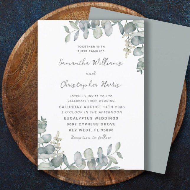 Boho Watercolor Eucalyptus Blue Green Wedding Invitation (Creator Uploaded)
