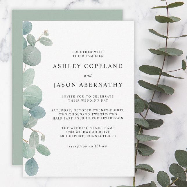 Boho Watercolor Eucalyptus Border Wedding Invitation (Creator Uploaded)