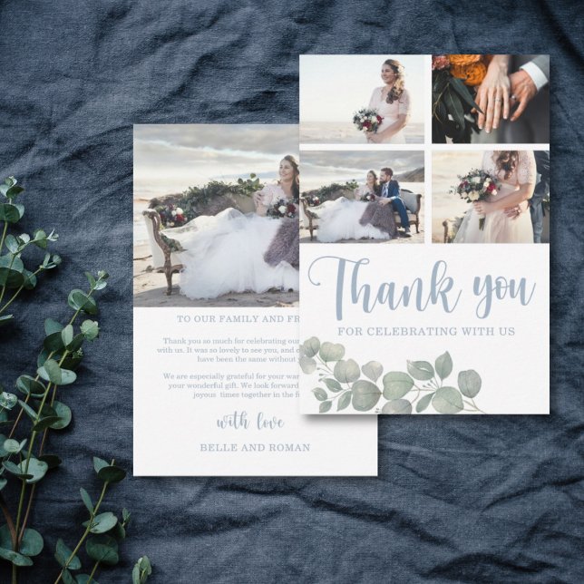 Boho Watercolor Eucalyptus Dusty Blue Wedding Thank You Card (Creator Uploaded)