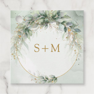 Boho watercolor eucalyptus gold frame initials favour tags