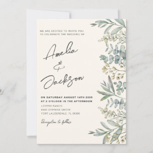 Boho  Watercolor Eucalyptus Green & Ivory Wedding Invitation