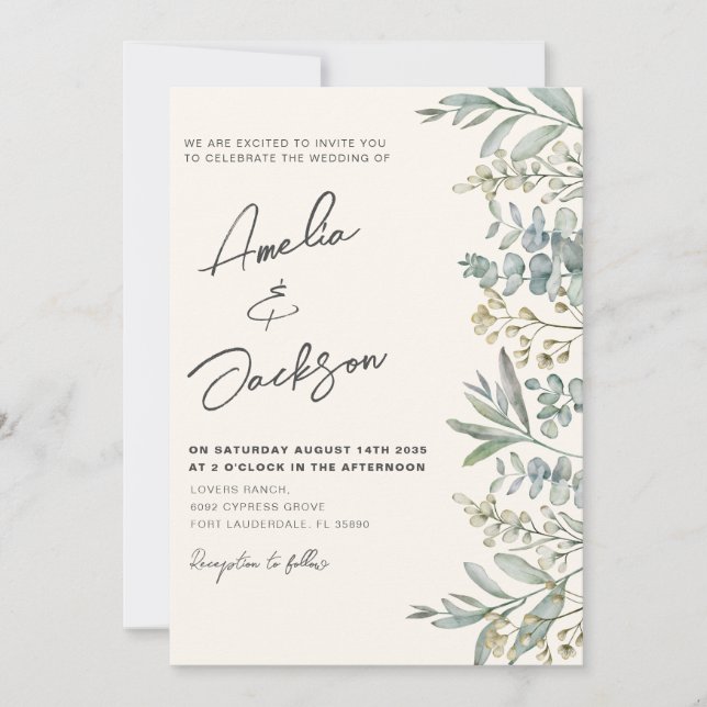 Boho  Watercolor Eucalyptus Green & Ivory Wedding Invitation (Front)