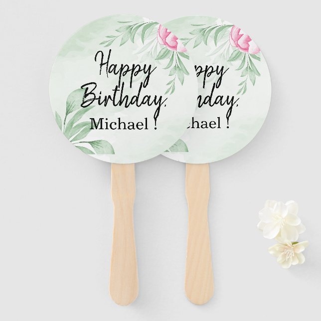 Boho Watercolor Eucalyptus Greenery Birthday Party Hand Fan (Front and Back)
