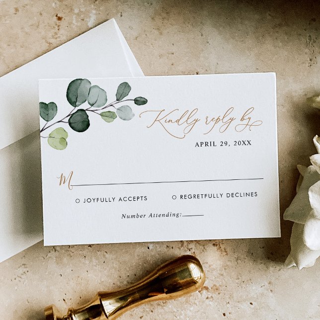 Boho Watercolor Eucalyptus Greenery Gold Wedding RSVP Card (Creator Uploaded)