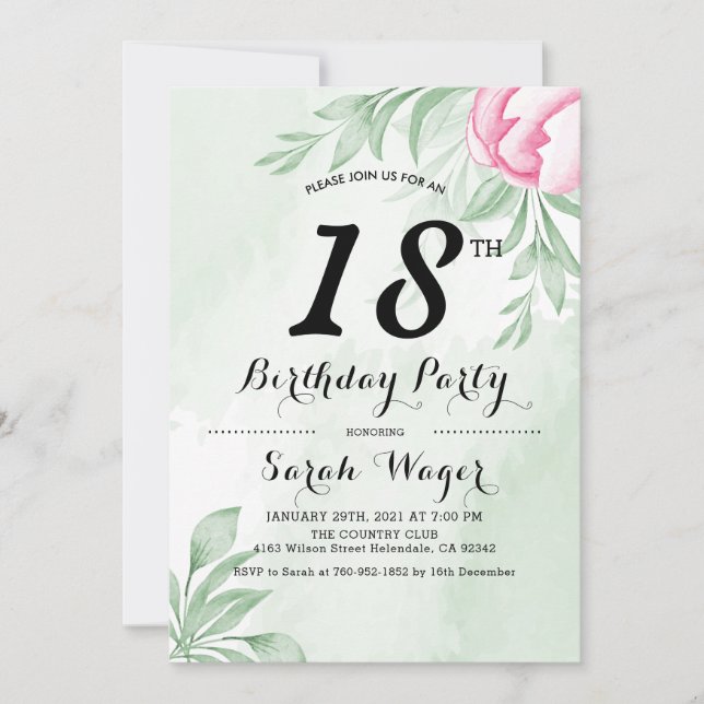 Boho Watercolor Eucalyptus Leaves 18th Birthday Invitation (Front)