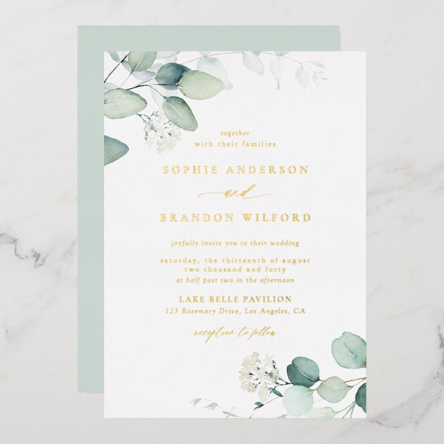 Boho Watercolor Eucalyptus Leaves Greenery Wedding (Front/Back)