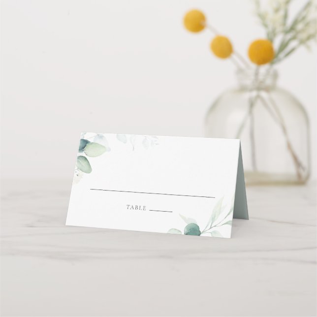 Boho Watercolor Eucalyptus Leaves Greenery Wedding Place Card (Front)