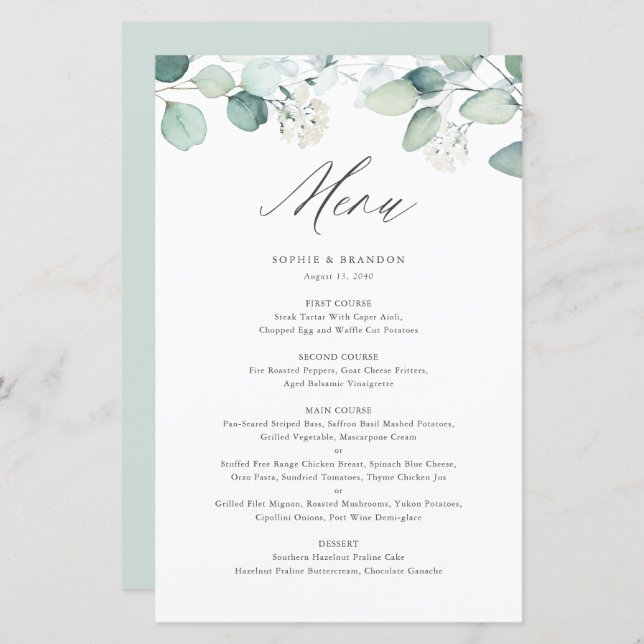 Boho Watercolor Eucalyptus Leaves Menu Card (Front/Back)