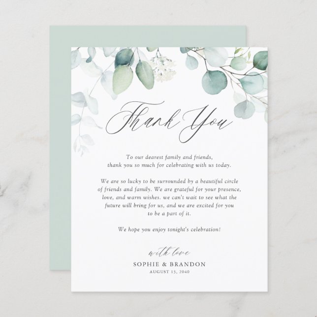 Boho Watercolor Eucalyptus Leaves Thank You Card (Front/Back)
