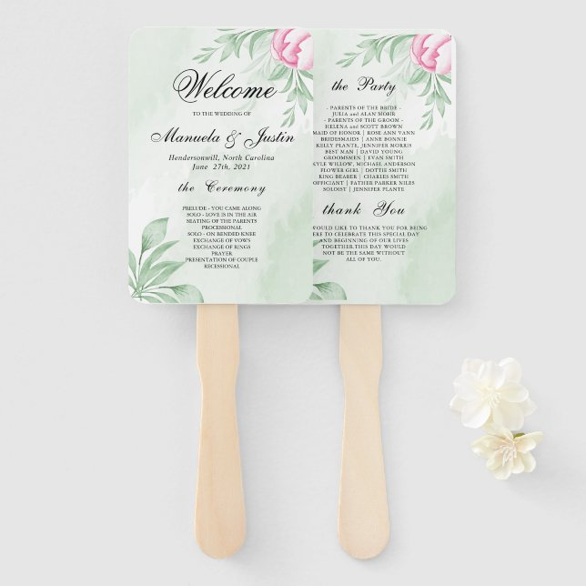 Boho Watercolor Eucalyptus Wedding Program Hand Fan (Front and Back)