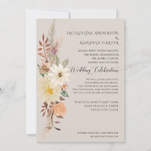 BOHO Watercolor Fall Floral Pampas Grass Elegant Invitation