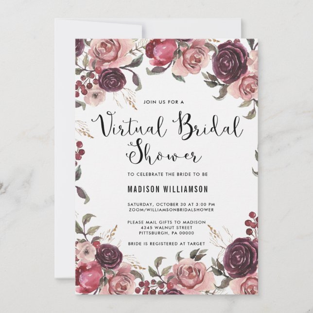 Boho Watercolor Fall Floral Virtual Bridal Shower Invitation (Front)