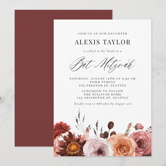 Boho Watercolor Fall Flowers Bat Mitzvah Invitation (Front/Back)